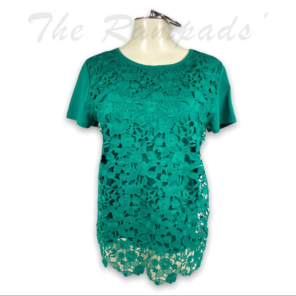 Ann Taylor Green Front Lace Layered Short-sleeve Shirt Size Medium